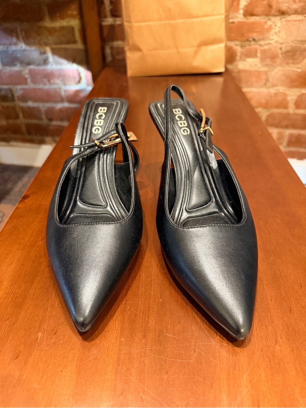 BCBG Black Pointed Slingback Heels with Gold Buckle